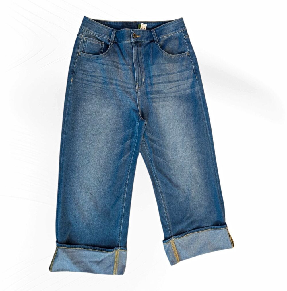 Halara Medium Wash Blue Wide-Leg Cuffed Denim Capri Jeans L